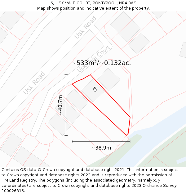 6, USK VALE COURT, PONTYPOOL, NP4 8AS: Plot and title map