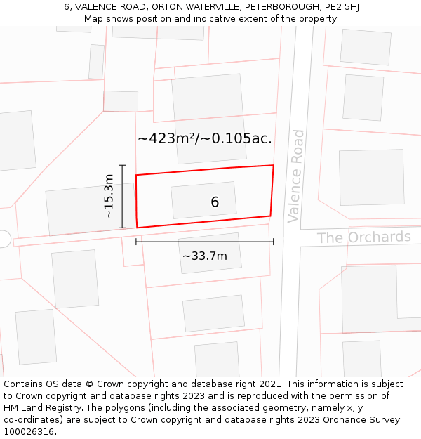 6, VALENCE ROAD, ORTON WATERVILLE, PETERBOROUGH, PE2 5HJ: Plot and title map