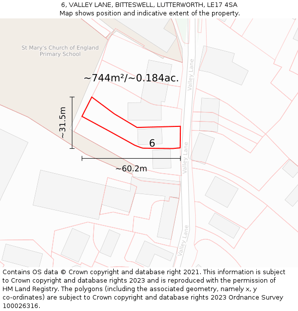 6, VALLEY LANE, BITTESWELL, LUTTERWORTH, LE17 4SA: Plot and title map