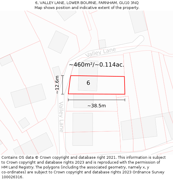 6, VALLEY LANE, LOWER BOURNE, FARNHAM, GU10 3NQ: Plot and title map