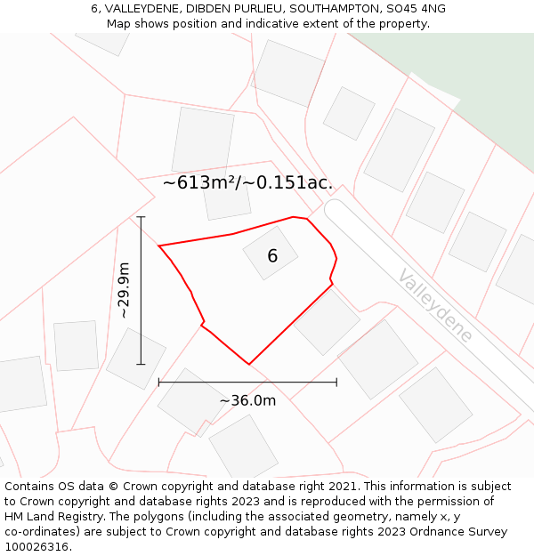 6, VALLEYDENE, DIBDEN PURLIEU, SOUTHAMPTON, SO45 4NG: Plot and title map