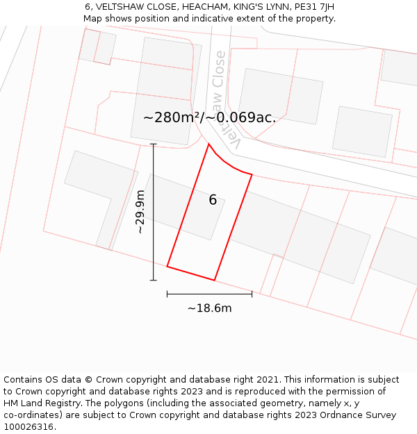 6, VELTSHAW CLOSE, HEACHAM, KING'S LYNN, PE31 7JH: Plot and title map