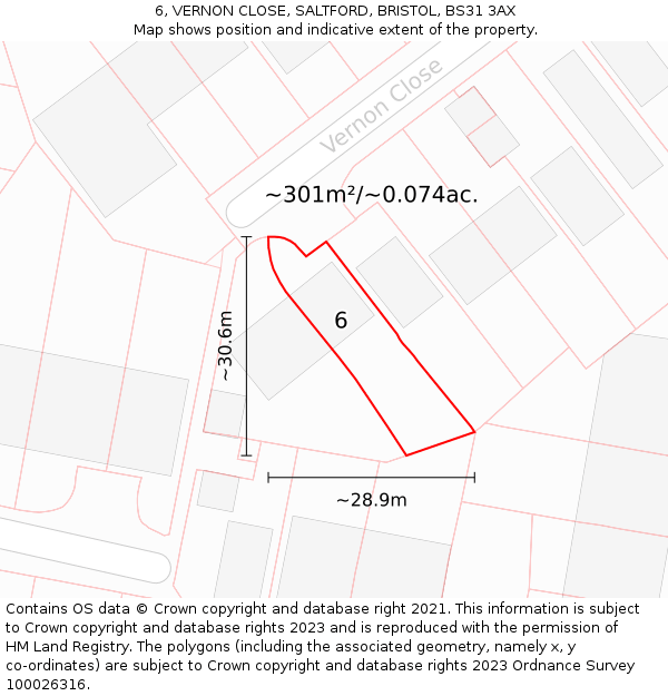 6, VERNON CLOSE, SALTFORD, BRISTOL, BS31 3AX: Plot and title map