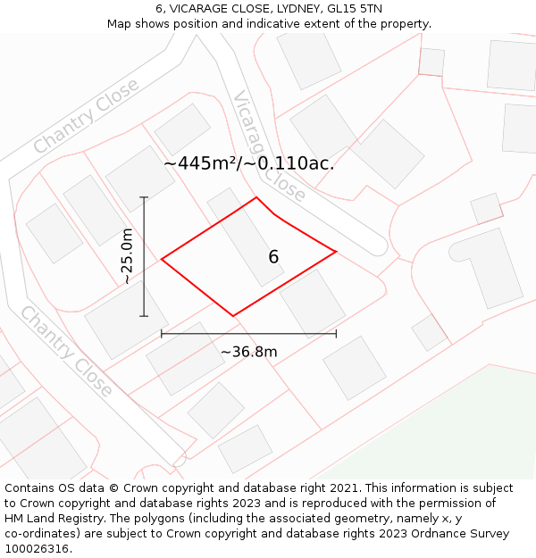 6, VICARAGE CLOSE, LYDNEY, GL15 5TN: Plot and title map