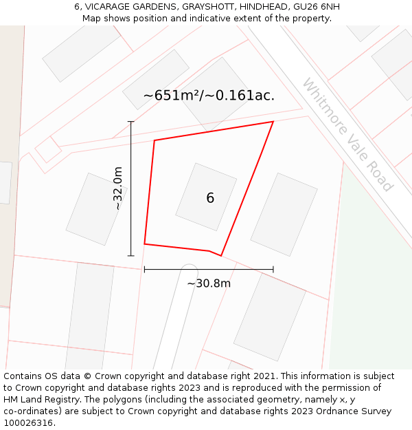 6, VICARAGE GARDENS, GRAYSHOTT, HINDHEAD, GU26 6NH: Plot and title map