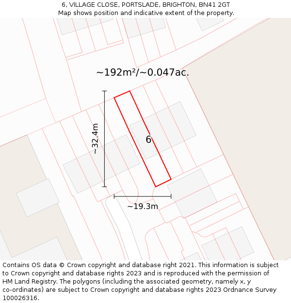 6, VILLAGE CLOSE, PORTSLADE, BRIGHTON, BN41 2GT: Plot and title map