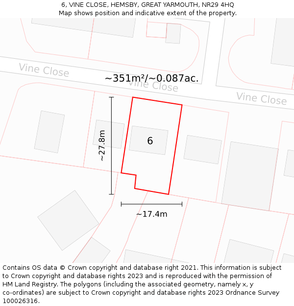 6, VINE CLOSE, HEMSBY, GREAT YARMOUTH, NR29 4HQ: Plot and title map