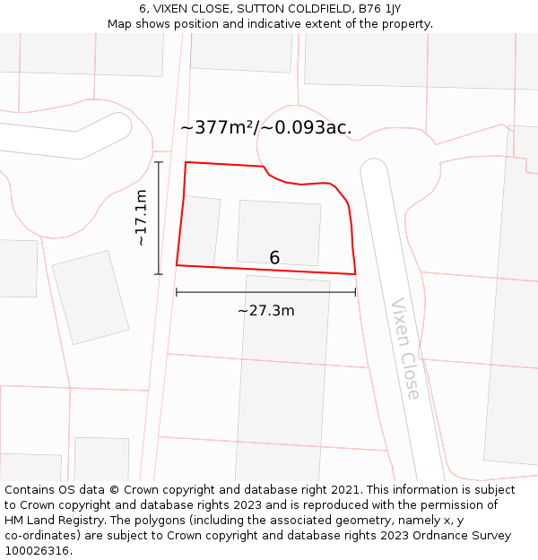 6, VIXEN CLOSE, SUTTON COLDFIELD, B76 1JY: Plot and title map