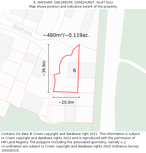 6, WADHAM, OWLSMOOR, SANDHURST, GU47 0UU: Plot and title map