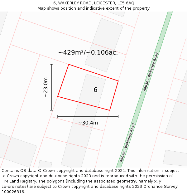 6, WAKERLEY ROAD, LEICESTER, LE5 6AQ: Plot and title map