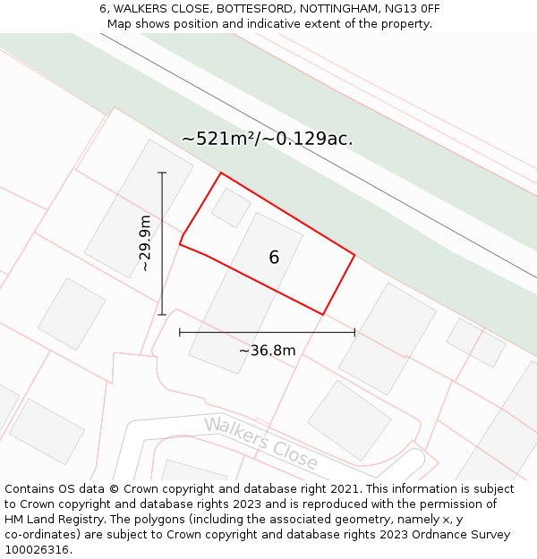 6, WALKERS CLOSE, BOTTESFORD, NOTTINGHAM, NG13 0FF: Plot and title map