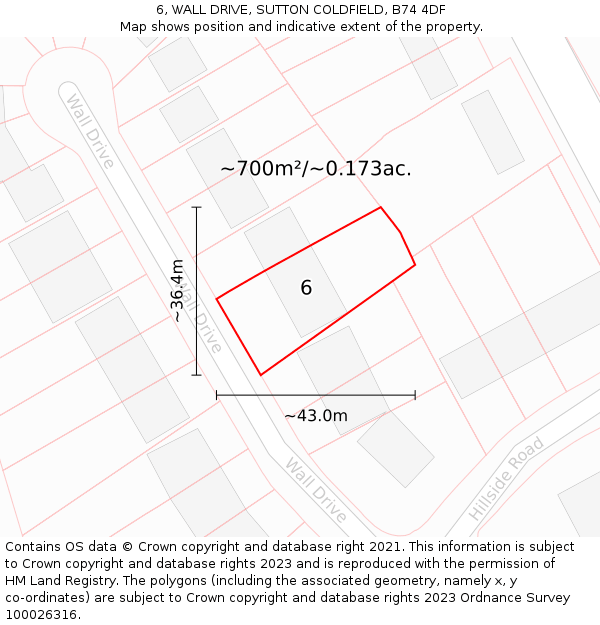6, WALL DRIVE, SUTTON COLDFIELD, B74 4DF: Plot and title map