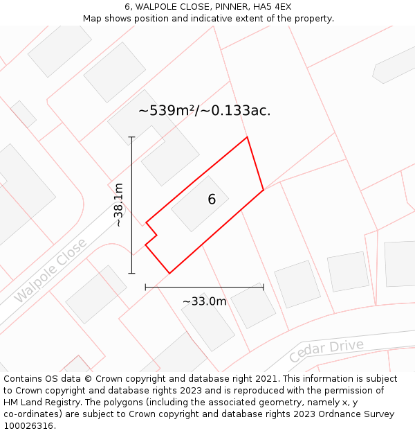 6, WALPOLE CLOSE, PINNER, HA5 4EX: Plot and title map