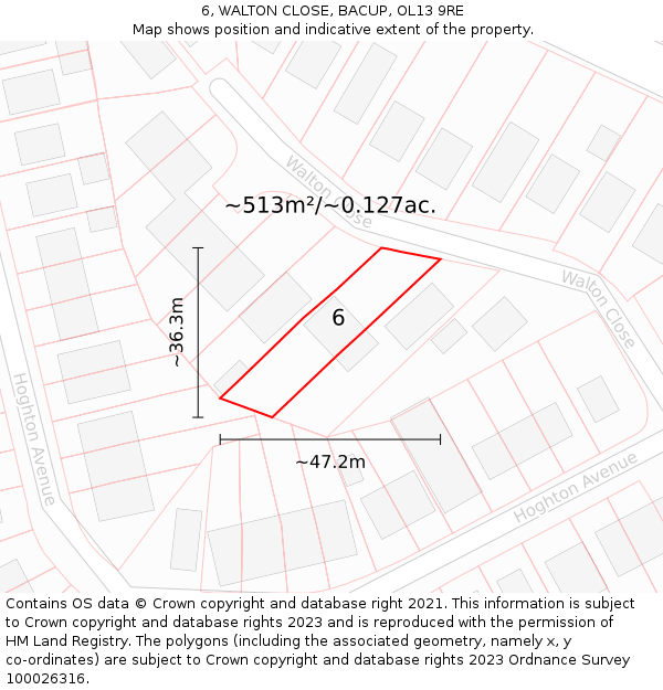 6, WALTON CLOSE, BACUP, OL13 9RE: Plot and title map