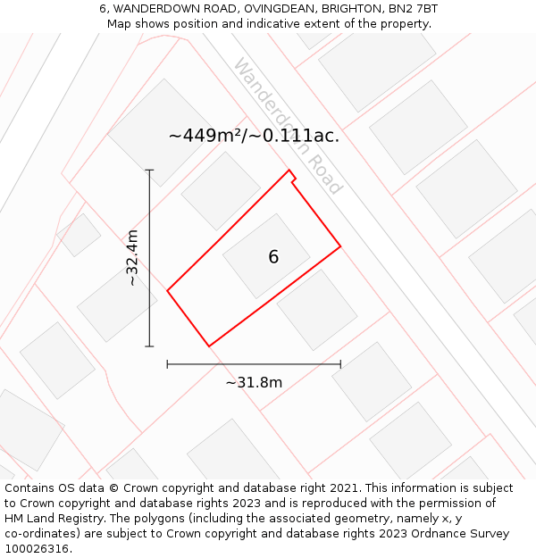 6, WANDERDOWN ROAD, OVINGDEAN, BRIGHTON, BN2 7BT: Plot and title map
