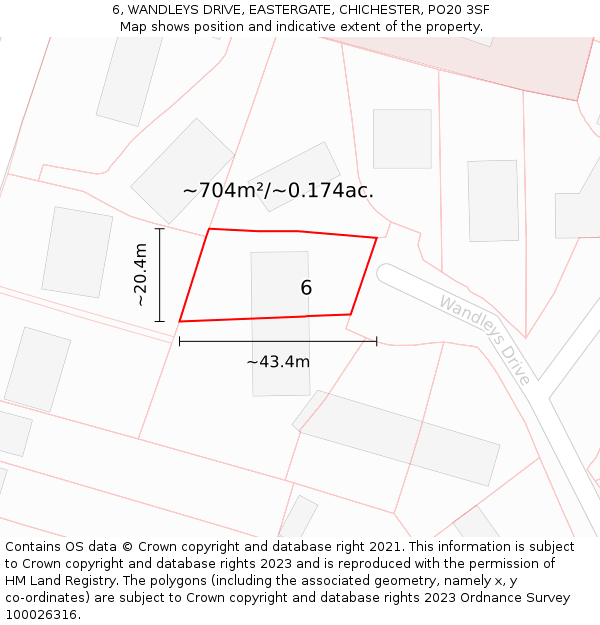 6, WANDLEYS DRIVE, EASTERGATE, CHICHESTER, PO20 3SF: Plot and title map