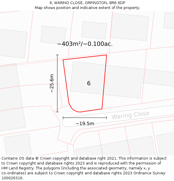 6, WARING CLOSE, ORPINGTON, BR6 6DP: Plot and title map
