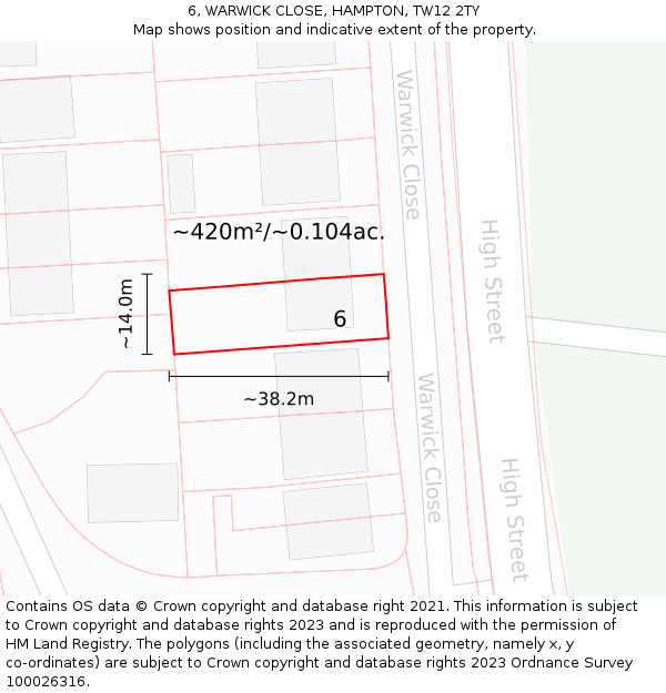 6, WARWICK CLOSE, HAMPTON, TW12 2TY: Plot and title map