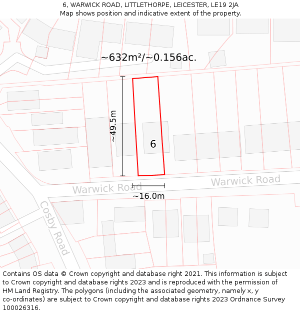 6, WARWICK ROAD, LITTLETHORPE, LEICESTER, LE19 2JA: Plot and title map