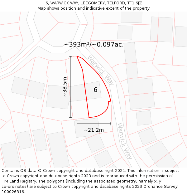 6, WARWICK WAY, LEEGOMERY, TELFORD, TF1 6JZ: Plot and title map