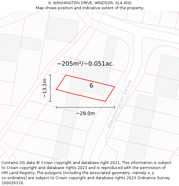 6, WASHINGTON DRIVE, WINDSOR, SL4 4NS: Plot and title map