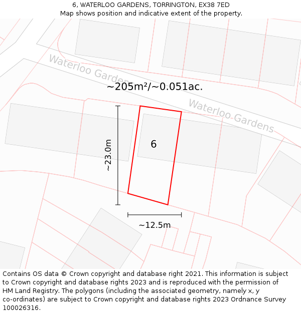 6, WATERLOO GARDENS, TORRINGTON, EX38 7ED: Plot and title map