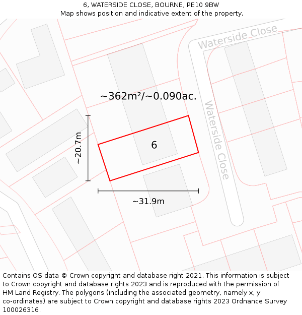 6, WATERSIDE CLOSE, BOURNE, PE10 9BW: Plot and title map