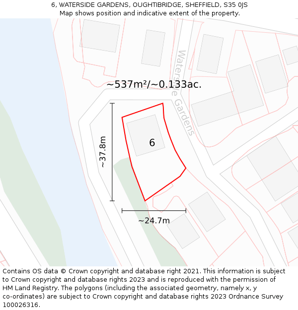 6, WATERSIDE GARDENS, OUGHTIBRIDGE, SHEFFIELD, S35 0JS: Plot and title map