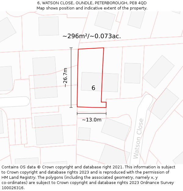 6, WATSON CLOSE, OUNDLE, PETERBOROUGH, PE8 4QD: Plot and title map