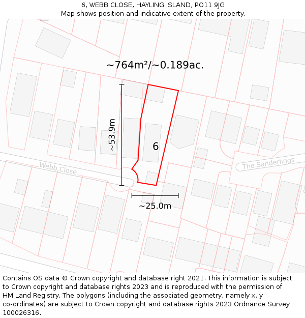 6, WEBB CLOSE, HAYLING ISLAND, PO11 9JG: Plot and title map