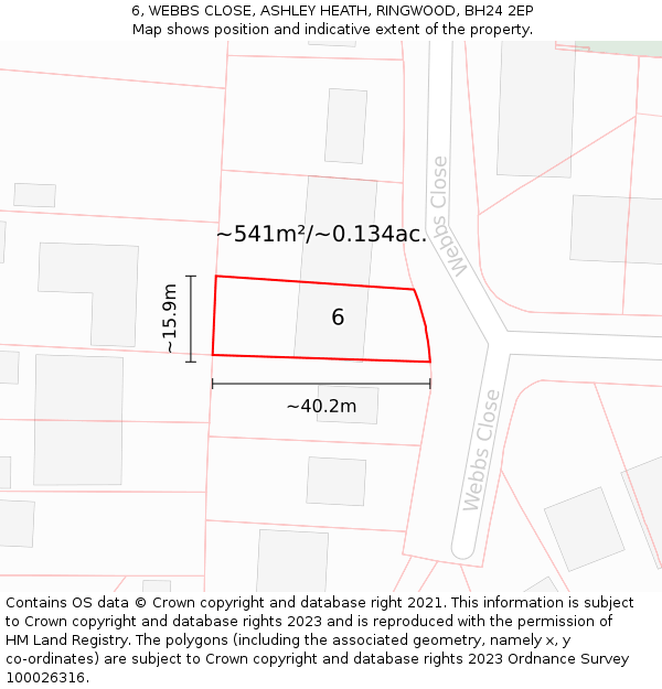 6, WEBBS CLOSE, ASHLEY HEATH, RINGWOOD, BH24 2EP: Plot and title map
