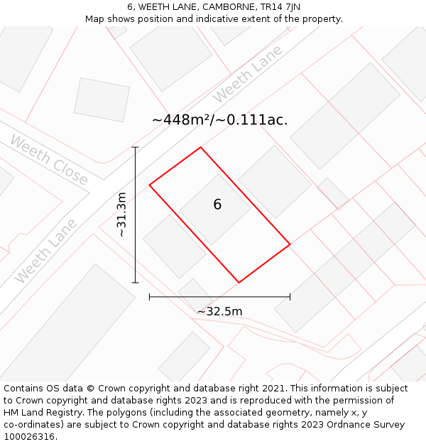 6, WEETH LANE, CAMBORNE, TR14 7JN: Plot and title map