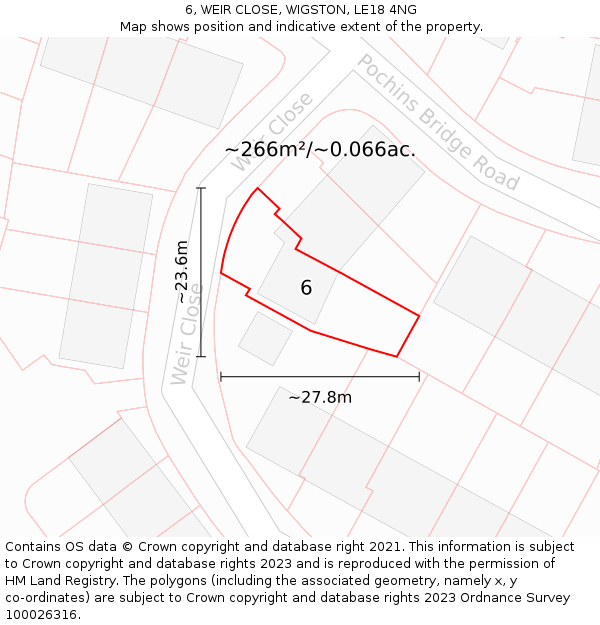 6, WEIR CLOSE, WIGSTON, LE18 4NG: Plot and title map