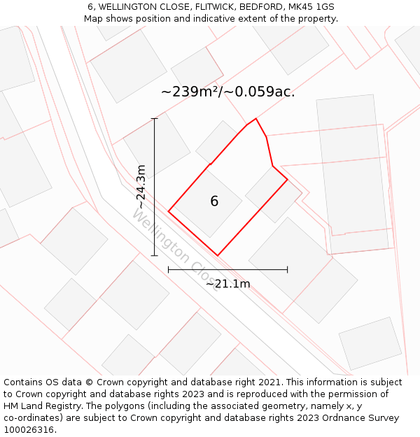 6, WELLINGTON CLOSE, FLITWICK, BEDFORD, MK45 1GS: Plot and title map