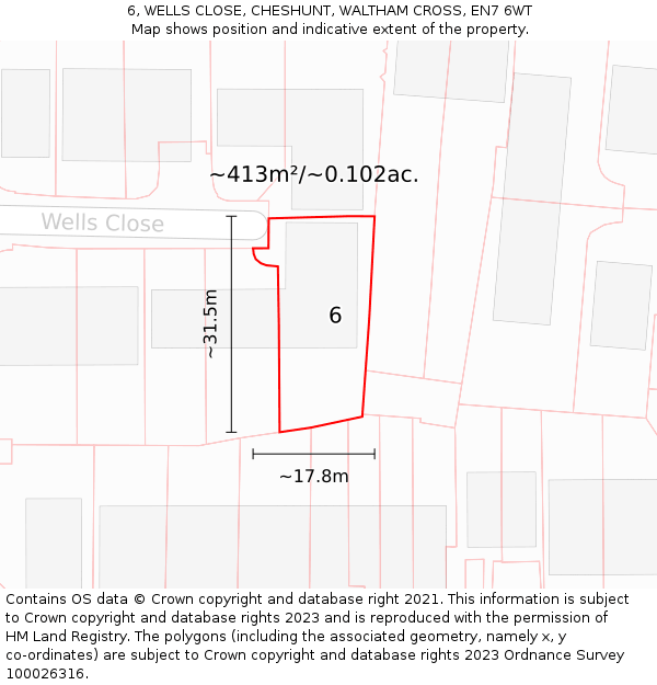 6, WELLS CLOSE, CHESHUNT, WALTHAM CROSS, EN7 6WT: Plot and title map