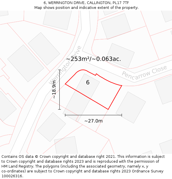 6, WERRINGTON DRIVE, CALLINGTON, PL17 7TF: Plot and title map