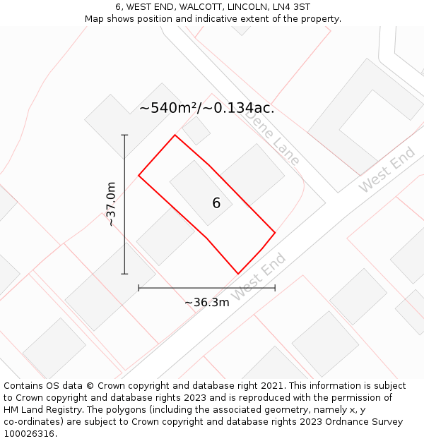 6, WEST END, WALCOTT, LINCOLN, LN4 3ST: Plot and title map