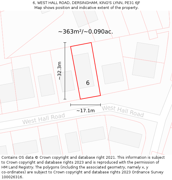 6, WEST HALL ROAD, DERSINGHAM, KING'S LYNN, PE31 6JF: Plot and title map