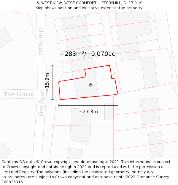 6, WEST VIEW, WEST CORNFORTH, FERRYHILL, DL17 9HY: Plot and title map
