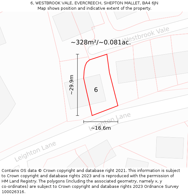 6, WESTBROOK VALE, EVERCREECH, SHEPTON MALLET, BA4 6JN: Plot and title map