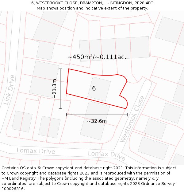 6, WESTBROOKE CLOSE, BRAMPTON, HUNTINGDON, PE28 4FG: Plot and title map