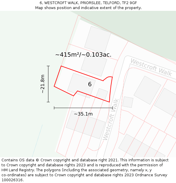 6, WESTCROFT WALK, PRIORSLEE, TELFORD, TF2 9GF: Plot and title map