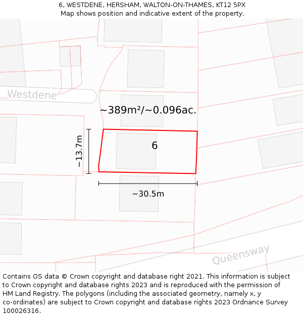6, WESTDENE, HERSHAM, WALTON-ON-THAMES, KT12 5PX: Plot and title map