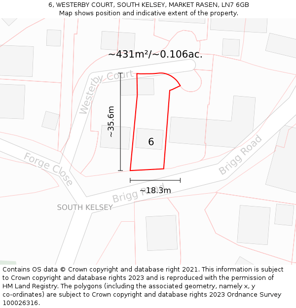 6, WESTERBY COURT, SOUTH KELSEY, MARKET RASEN, LN7 6GB: Plot and title map