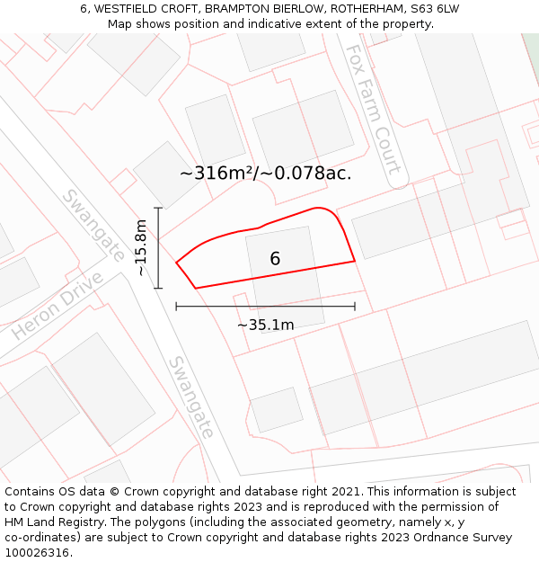 6, WESTFIELD CROFT, BRAMPTON BIERLOW, ROTHERHAM, S63 6LW: Plot and title map