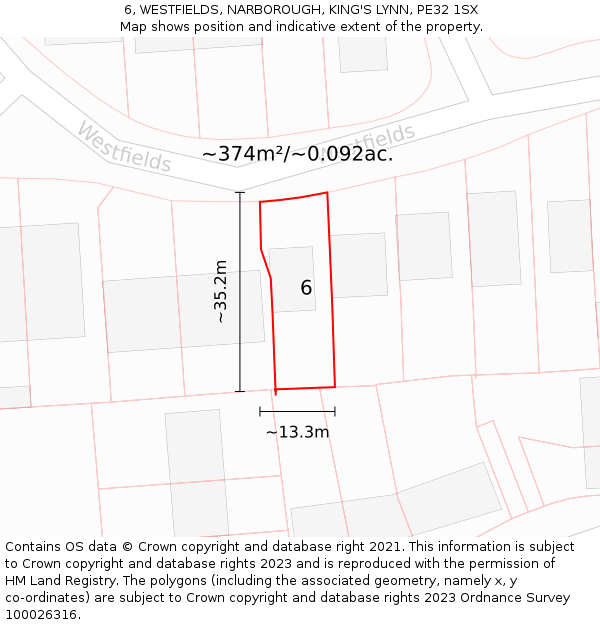 6, WESTFIELDS, NARBOROUGH, KING'S LYNN, PE32 1SX: Plot and title map