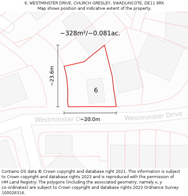 6, WESTMINSTER DRIVE, CHURCH GRESLEY, SWADLINCOTE, DE11 9RX: Plot and title map