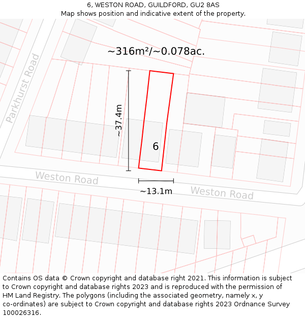 6, WESTON ROAD, GUILDFORD, GU2 8AS: Plot and title map