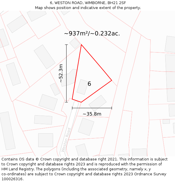 6, WESTON ROAD, WIMBORNE, BH21 2SF: Plot and title map