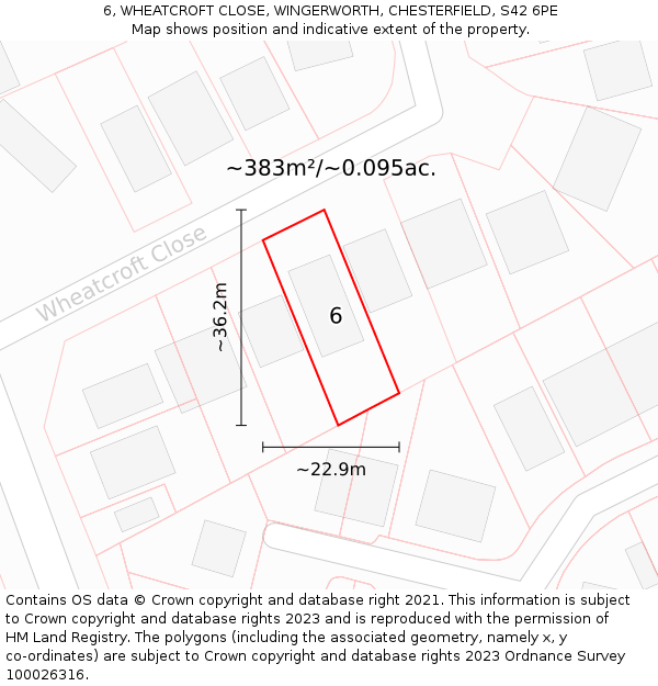 6, WHEATCROFT CLOSE, WINGERWORTH, CHESTERFIELD, S42 6PE: Plot and title map